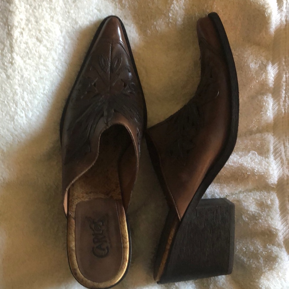 Brown Cut-out Leather Mules Pointed Toe